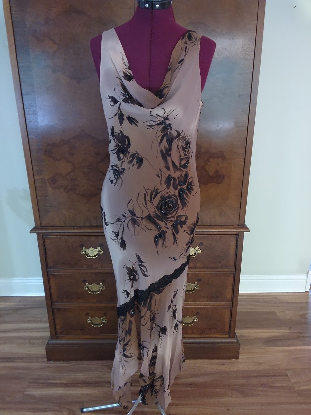Papell Boutique Taupe Maxi Slip Dress with Black Floral Print
